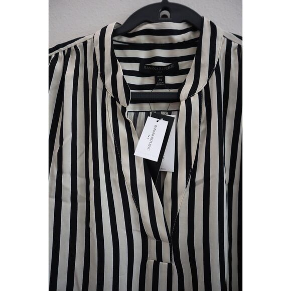Banana Republic 582096 Women Petite Sz M Beige Striped Volume-Sleeve Blouse - Picture 3 of 7